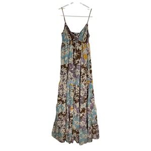 SO Goods for Life Womens Floral Tiered Maxi Dress Brown Blue Smocked Back Small